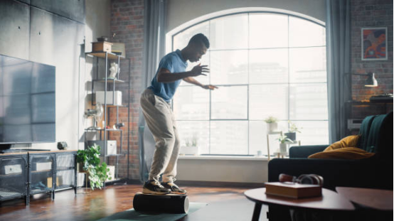 Advanced one-legged challenge on a balance board