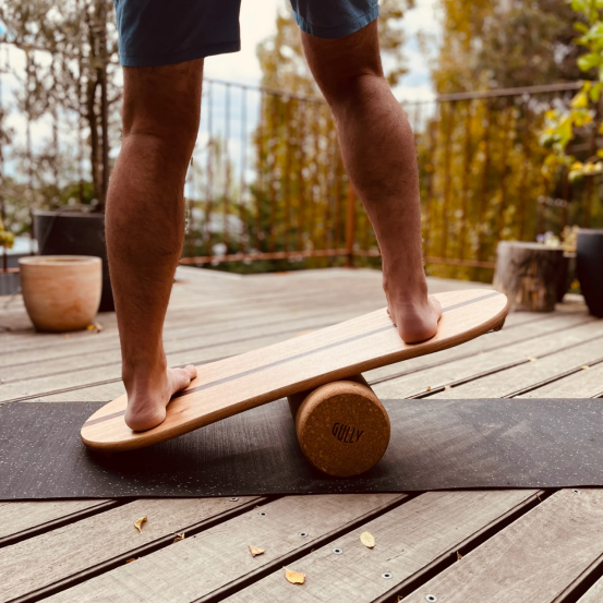 close-up of lower limb and ankle stabilization on balance board