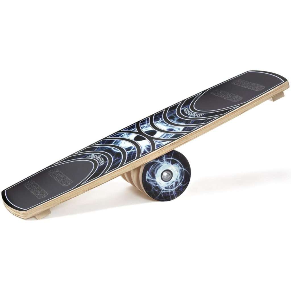 Black and blue graphic balance board on a natural wood roller.