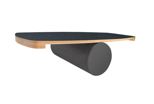 Modern wooden balance board featuring a black top and cylindrical roller.