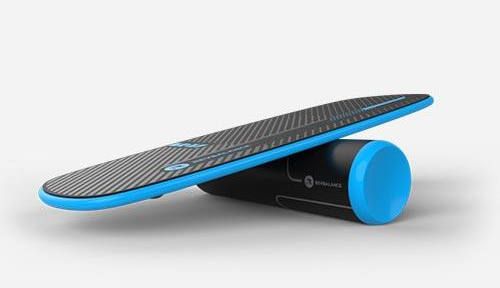 Modern black and blue textured balance board on a matching black roller.