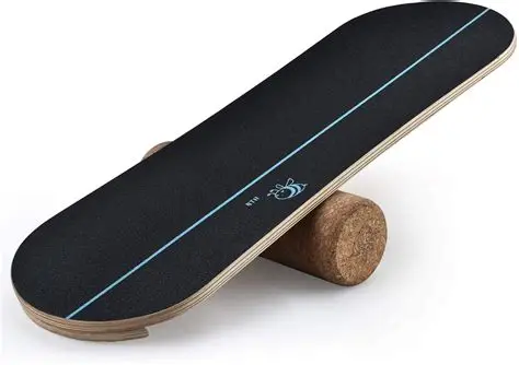 Black balance board with blue lines and a bee logo on a cork roller.