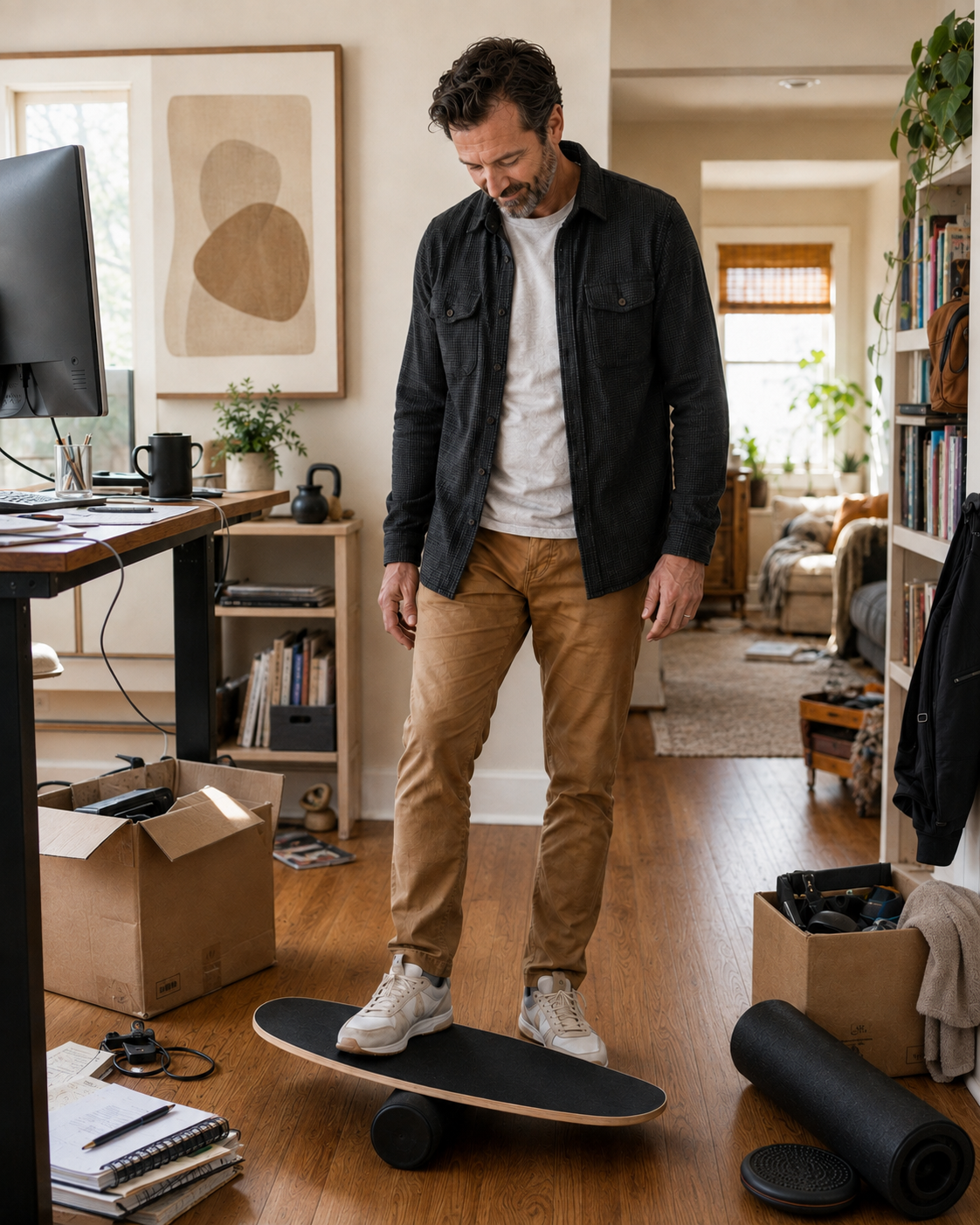 Cal Rowan reviewing a balance board setup in a home workspace